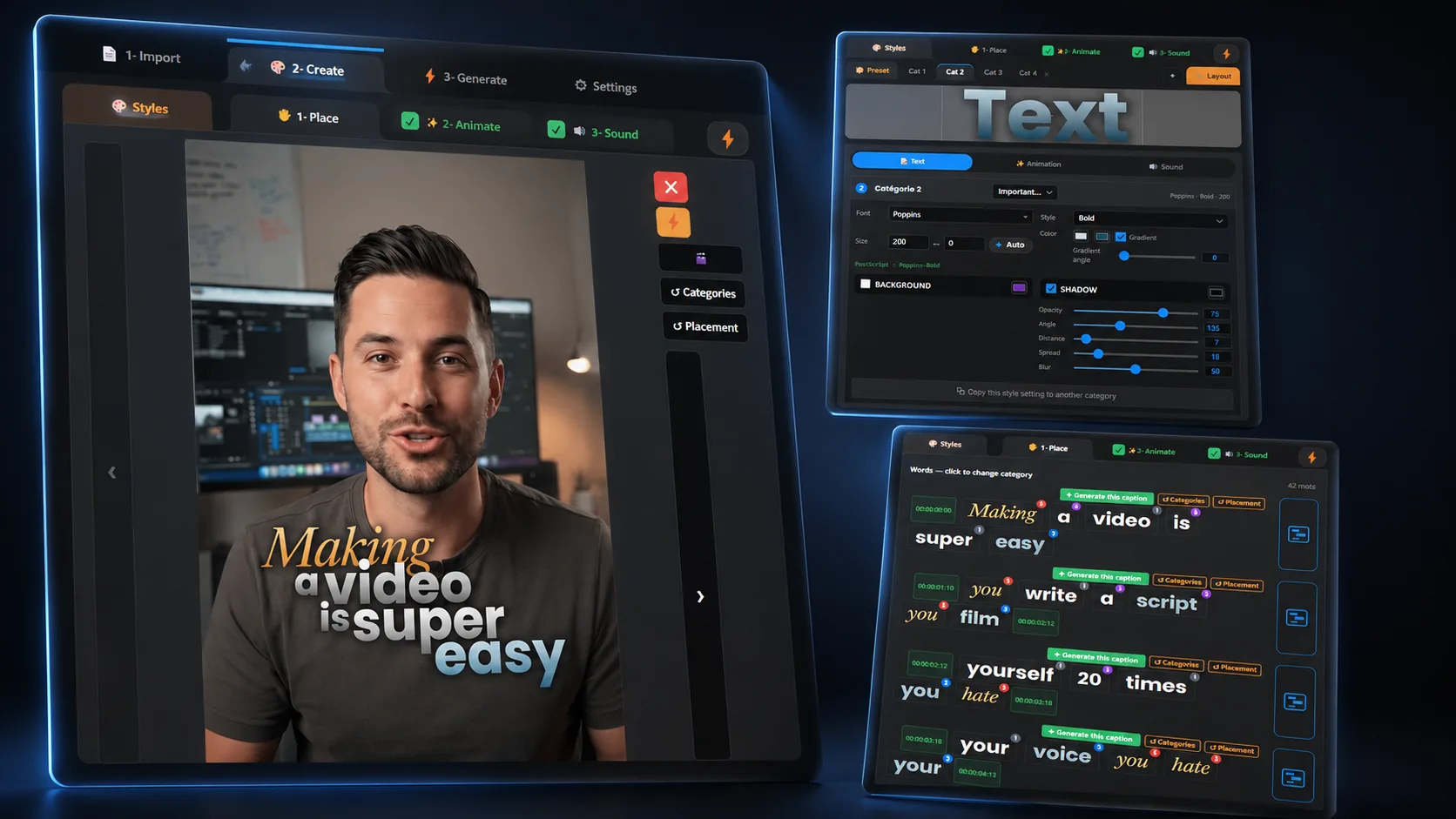 The Subkick Caption interface inside Premiere Pro: Styles panel, word placement and animated captions reading “Making a video is super easy”.